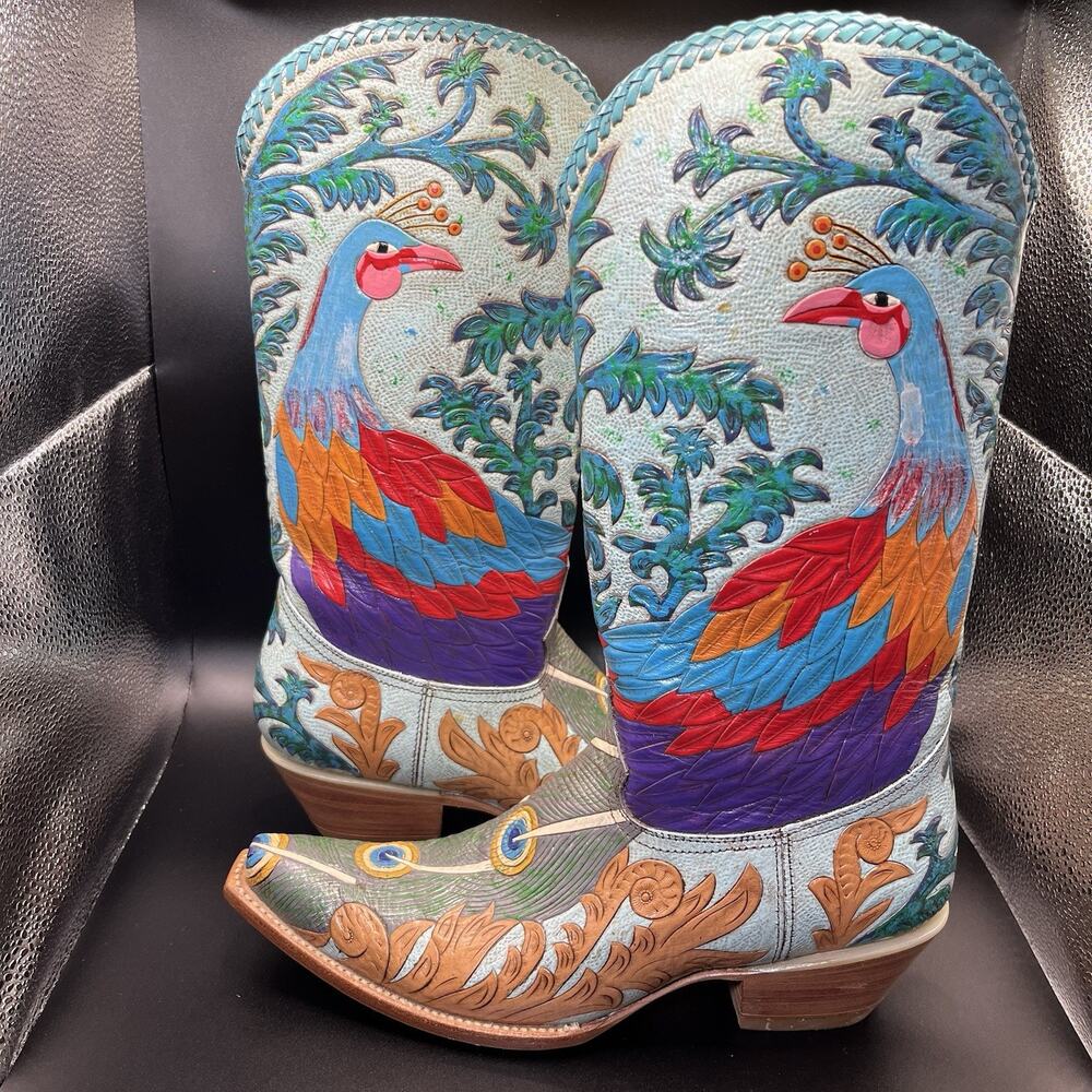 Carrie Cameron Peacock Boots Women's 8.5B Hand Tooled Painted Leather Western - Picture 2 of 16